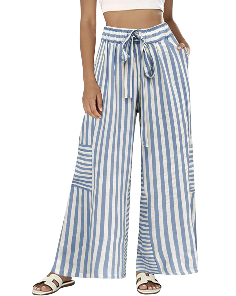 Fina Women's Pants – Striped Palazzo with Elastic Waistband, Drawstring & Pockets