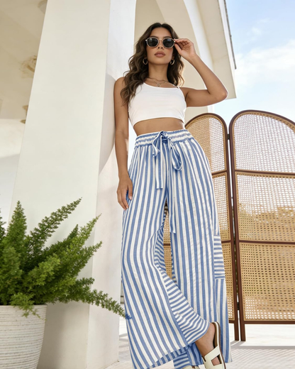Fina Women's Pants – Striped Palazzo with Elastic Waistband, Drawstring & Pockets