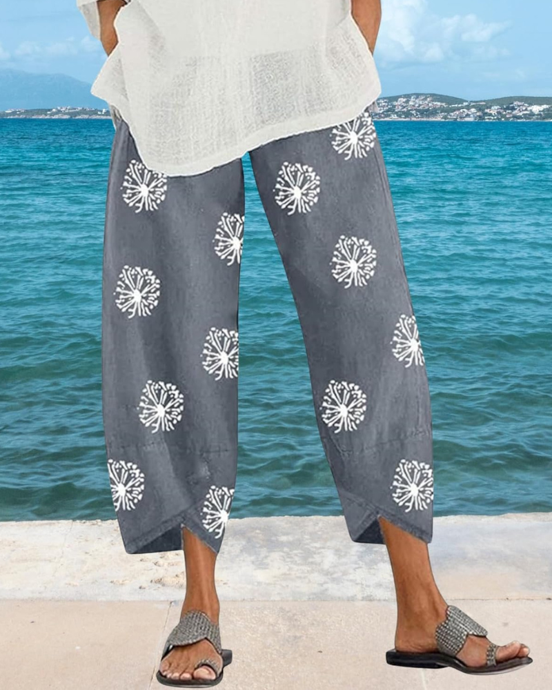 Léa Women's Pants – Capri Linen Cotton Wide with Elastic Waist & Pockets