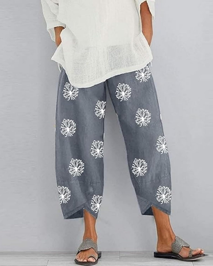 Léa Women's Pants – Capri Linen Cotton Wide with Elastic Waist & Pockets