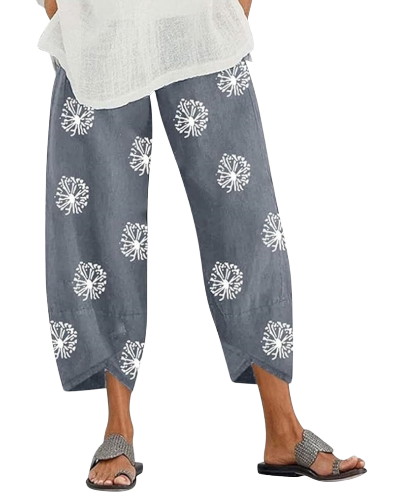 Léa Women's Pants – Capri Linen Cotton Wide with Elastic Waist & Pockets