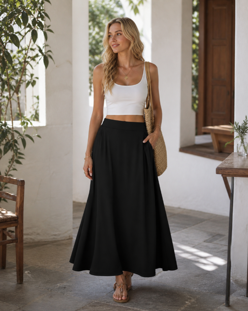 Nina Maxi Skirt for Women – High-Waisted Fluid A-Line Skirt with Pockets for Summer
