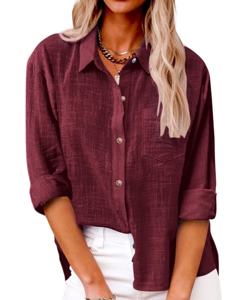 Olivia Women's Blouse – Cotton Linen V-Neck Buttoned Long Sleeve