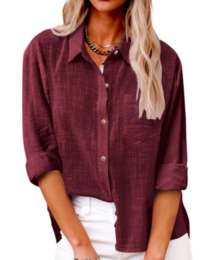 Olivia Women's Blouse – Cotton Linen V-Neck Buttoned Long Sleeve