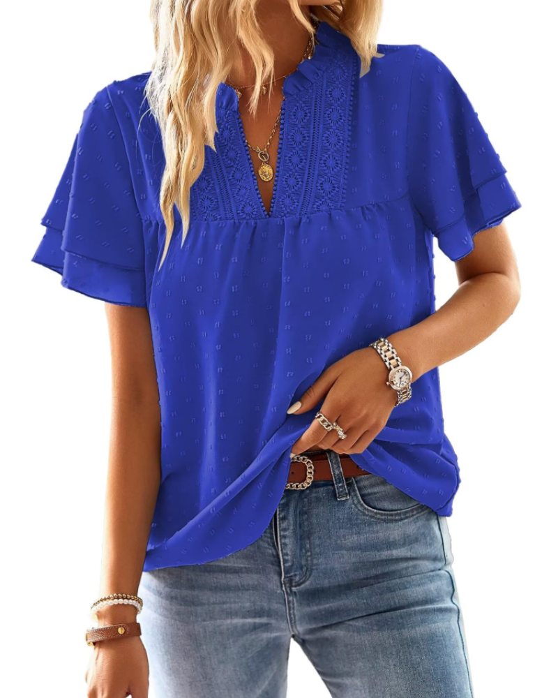 Jiana Blouse Women's Summer – V-Neck Lace Crochet & Ruffled Sleeves