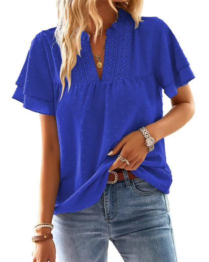 Jiana Blouse Women's Summer – V-Neck Lace Crochet & Ruffled Sleeves
