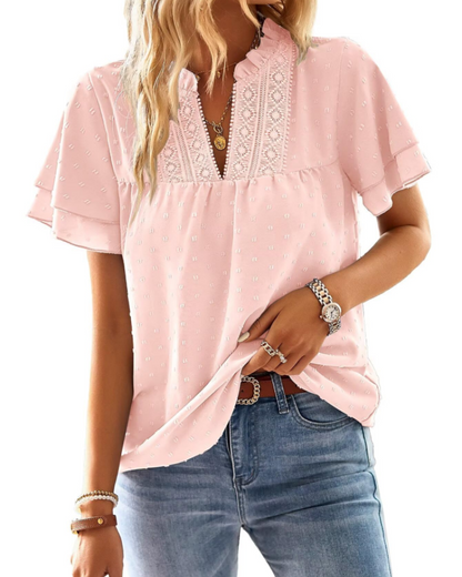 Jiana Blouse Women's Summer – V-Neck Lace Crochet & Ruffled Sleeves