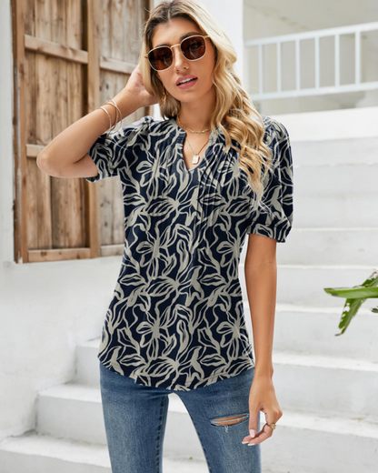 Nina Blouse Women Summer – Floral V-Neck Puff Sleeve & Fluid Cut