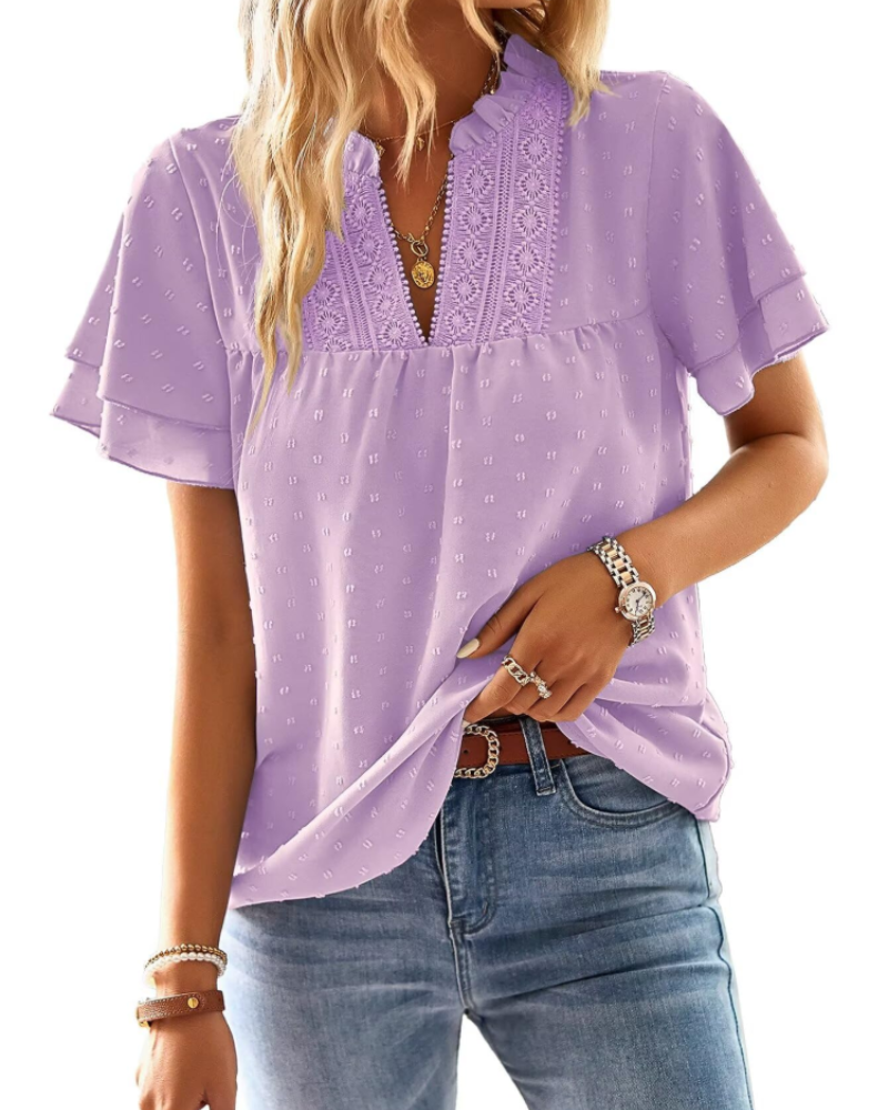 Jiana Blouse Women's Summer – V-Neck Lace Crochet & Ruffled Sleeves