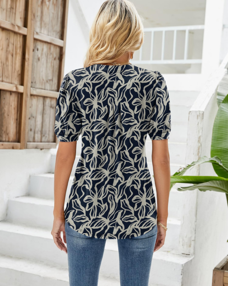 Nina Blouse Women Summer – Floral V-Neck Puff Sleeve & Fluid Cut