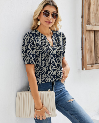 Nina Blouse Women Summer – Floral V-Neck Puff Sleeve & Fluid Cut