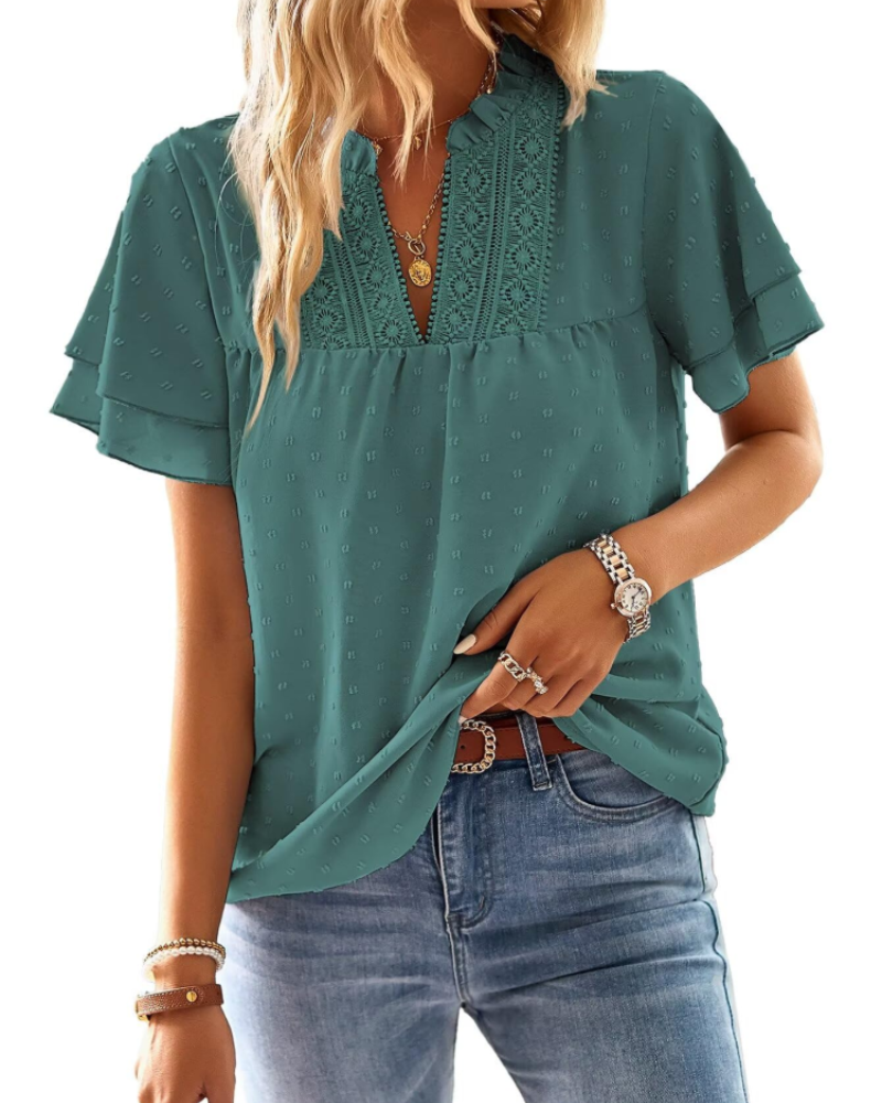 Jiana Blouse Women's Summer – V-Neck Lace Crochet & Ruffled Sleeves