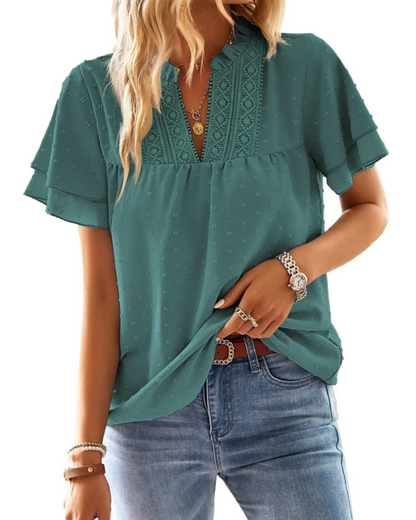 Jiana Blouse Women's Summer – V-Neck Lace Crochet & Ruffled Sleeves
