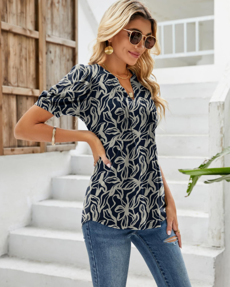 Nina Blouse Women Summer – Floral V-Neck Puff Sleeve & Fluid Cut