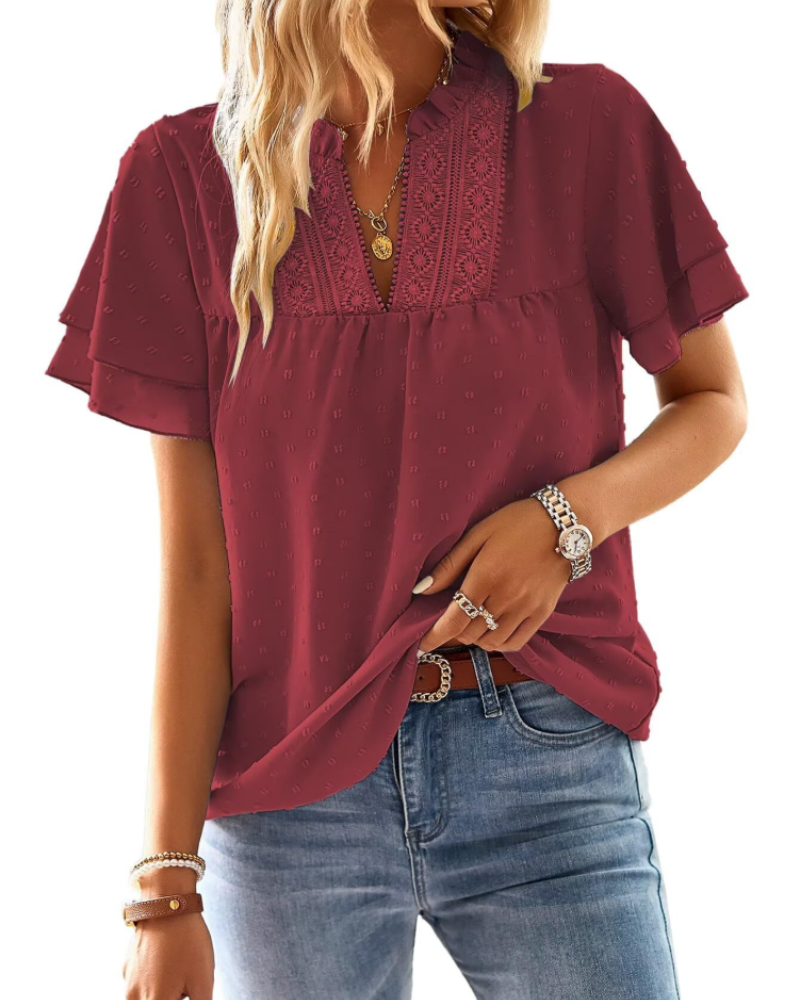 Jiana Blouse Women's Summer – V-Neck Lace Crochet & Ruffled Sleeves