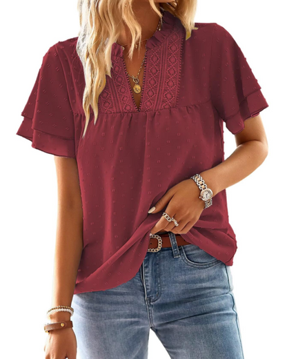 Jiana Blouse Women's Summer – V-Neck Lace Crochet & Ruffled Sleeves