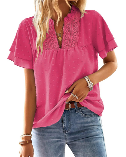 Jiana Blouse Women's Summer – V-Neck Lace Crochet & Ruffled Sleeves