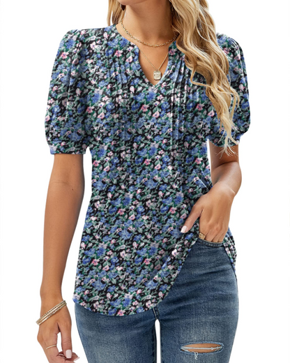 Nina Blouse Women Summer – Floral V-Neck Puff Sleeve & Fluid Cut