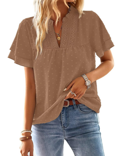 Jiana Blouse Women's Summer – V-Neck Lace Crochet & Ruffled Sleeves