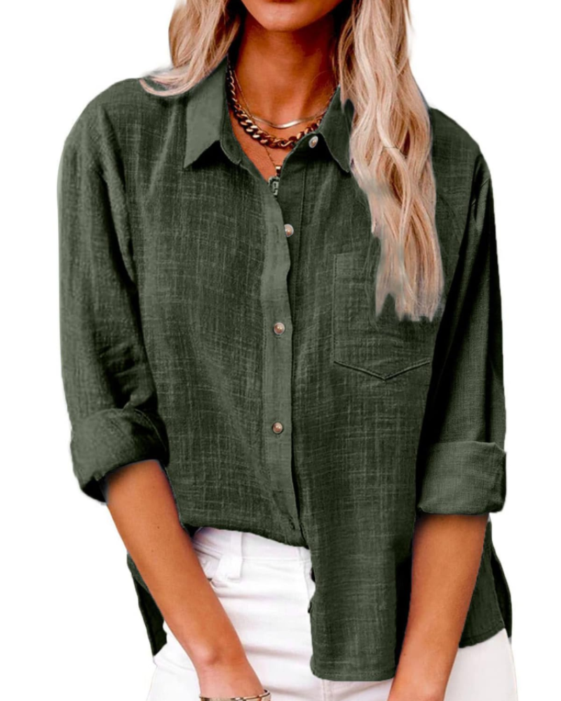 Olivia Women's Blouse – Cotton Linen V-Neck Buttoned Long Sleeve