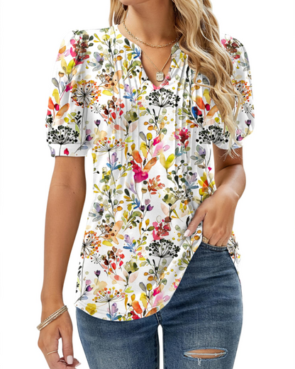 Nina Blouse Women Summer – Floral V-Neck Puff Sleeve & Fluid Cut