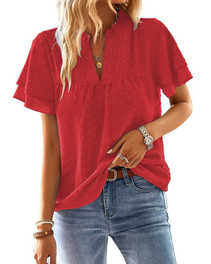 Jiana Blouse Women's Summer – V-Neck Lace Crochet & Ruffled Sleeves