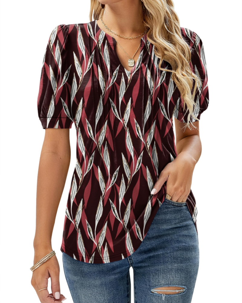 Nina Blouse Women Summer – Floral V-Neck Puff Sleeve & Fluid Cut