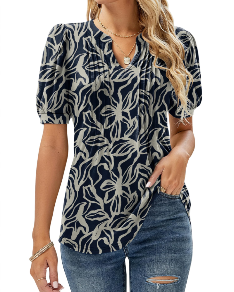 Nina Blouse Women Summer – Floral V-Neck Puff Sleeve & Fluid Cut
