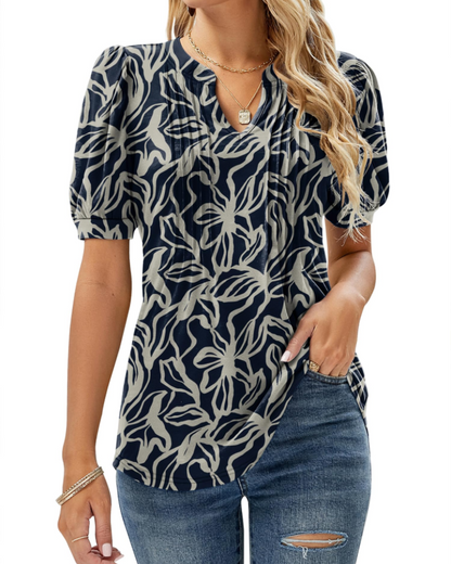 Nina Blouse Women Summer – Floral V-Neck Puff Sleeve & Fluid Cut
