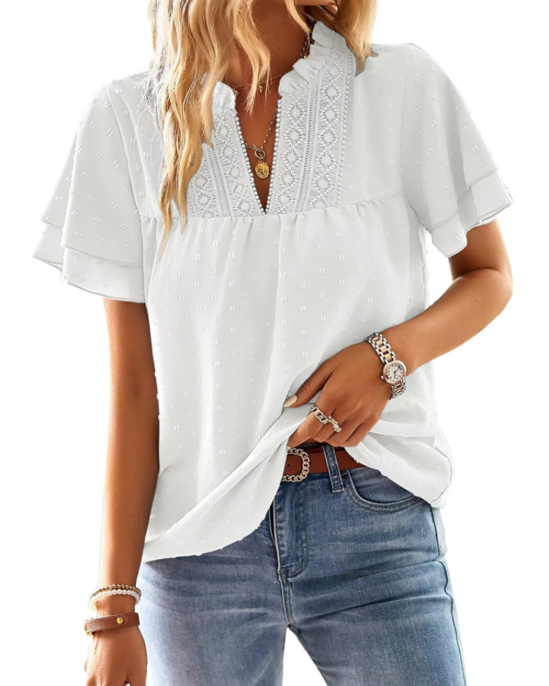Jiana Blouse Women's Summer – V-Neck Lace Crochet & Ruffled Sleeves