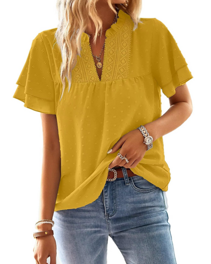 Jiana Blouse Women's Summer – V-Neck Lace Crochet & Ruffled Sleeves