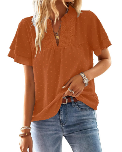 Jiana Blouse Women's Summer – V-Neck Lace Crochet & Ruffled Sleeves