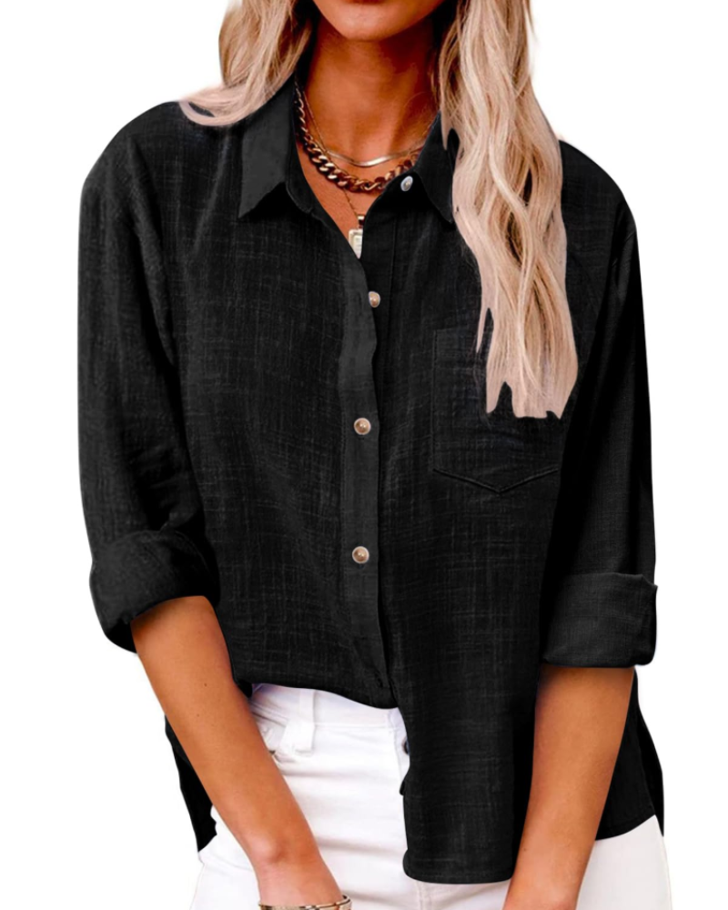 Olivia Women's Blouse – Cotton Linen V-Neck Buttoned Long Sleeve