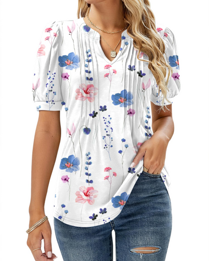 Nina Blouse Women Summer – Floral V-Neck Puff Sleeve & Fluid Cut