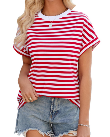Madison Women's Summer T-Shirt – Oversized Striped Cotton Round Neck