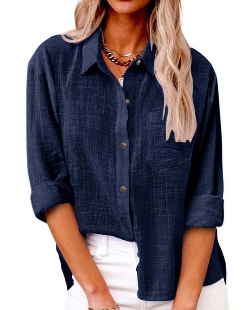 Olivia Women's Blouse – Cotton Linen V-Neck Buttoned Long Sleeve