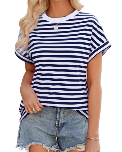 Madison Women's Summer T-Shirt – Oversized Striped Cotton Round Neck