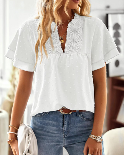 Jiana Blouse Women's Summer – V-Neck Lace Crochet & Ruffled Sleeves