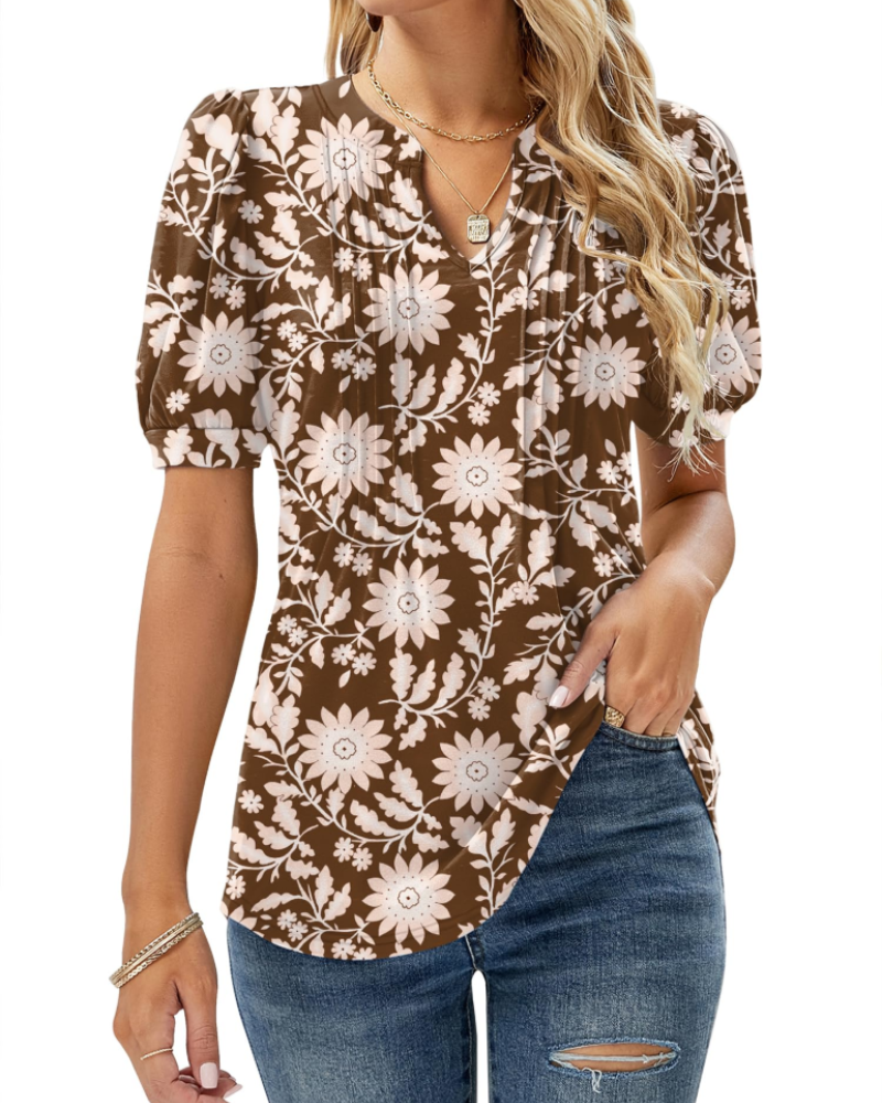 Nina Blouse Women Summer – Floral V-Neck Puff Sleeve & Fluid Cut