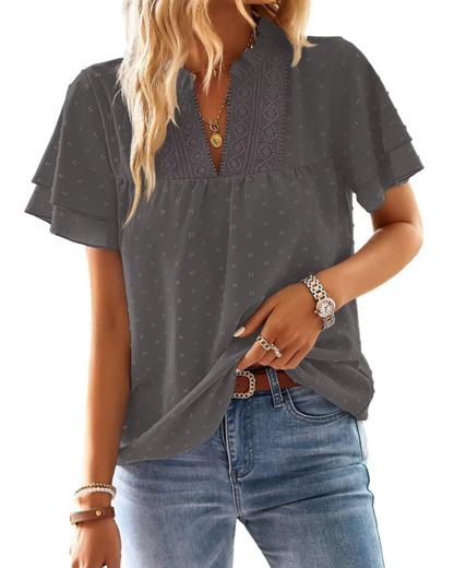 Jiana Blouse Women's Summer – V-Neck Lace Crochet & Ruffled Sleeves