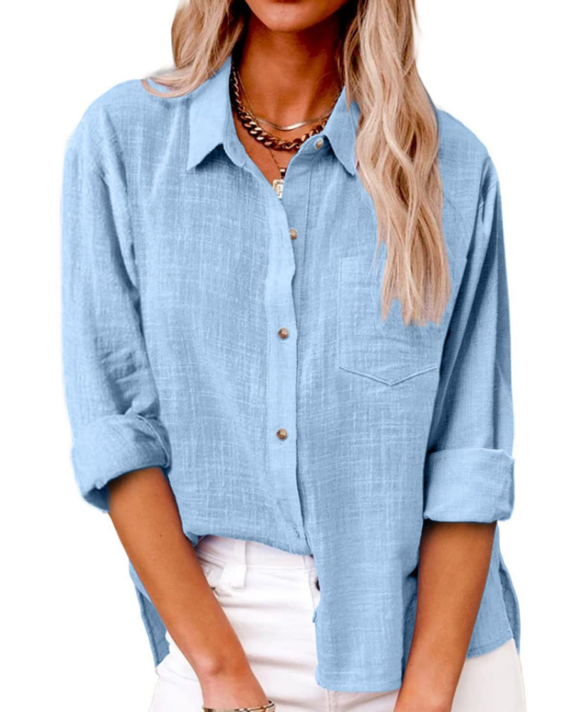 Olivia Women's Blouse – Cotton Linen V-Neck Buttoned Long Sleeve