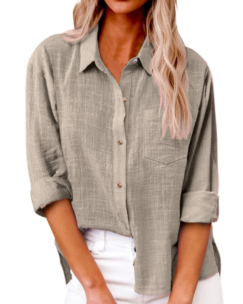 Olivia Women's Blouse – Cotton Linen V-Neck Buttoned Long Sleeve