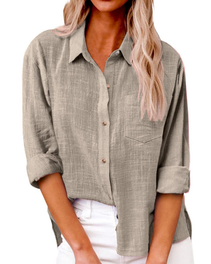 Olivia Women's Blouse – Cotton Linen V-Neck Buttoned Long Sleeve