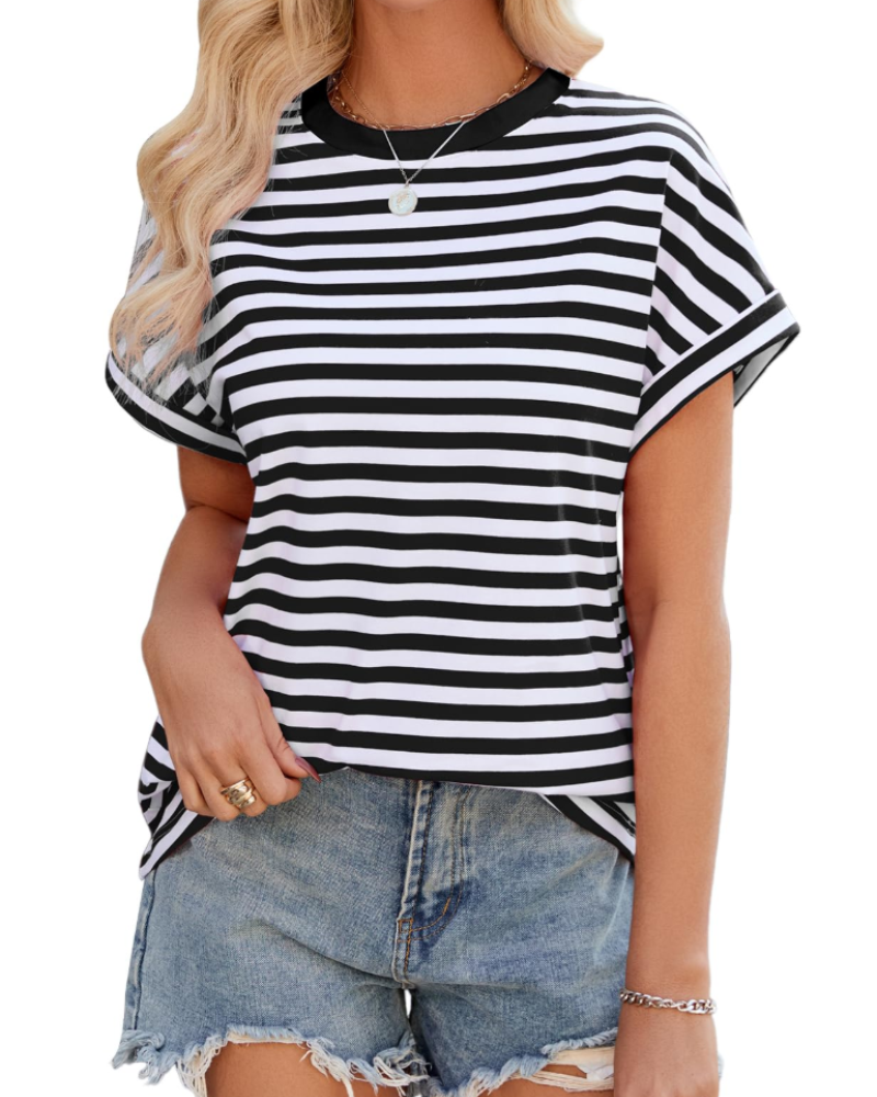 Madison Women's Summer T-Shirt – Oversized Striped Cotton Round Neck