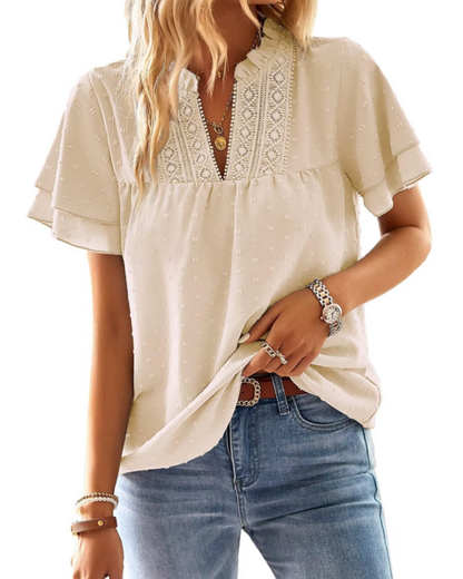 Jiana Blouse Women's Summer – V-Neck Lace Crochet & Ruffled Sleeves