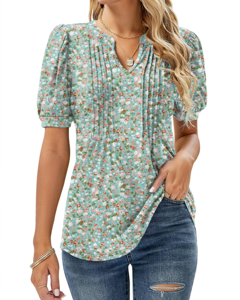 Nina Blouse Women Summer – Floral V-Neck Puff Sleeve & Fluid Cut