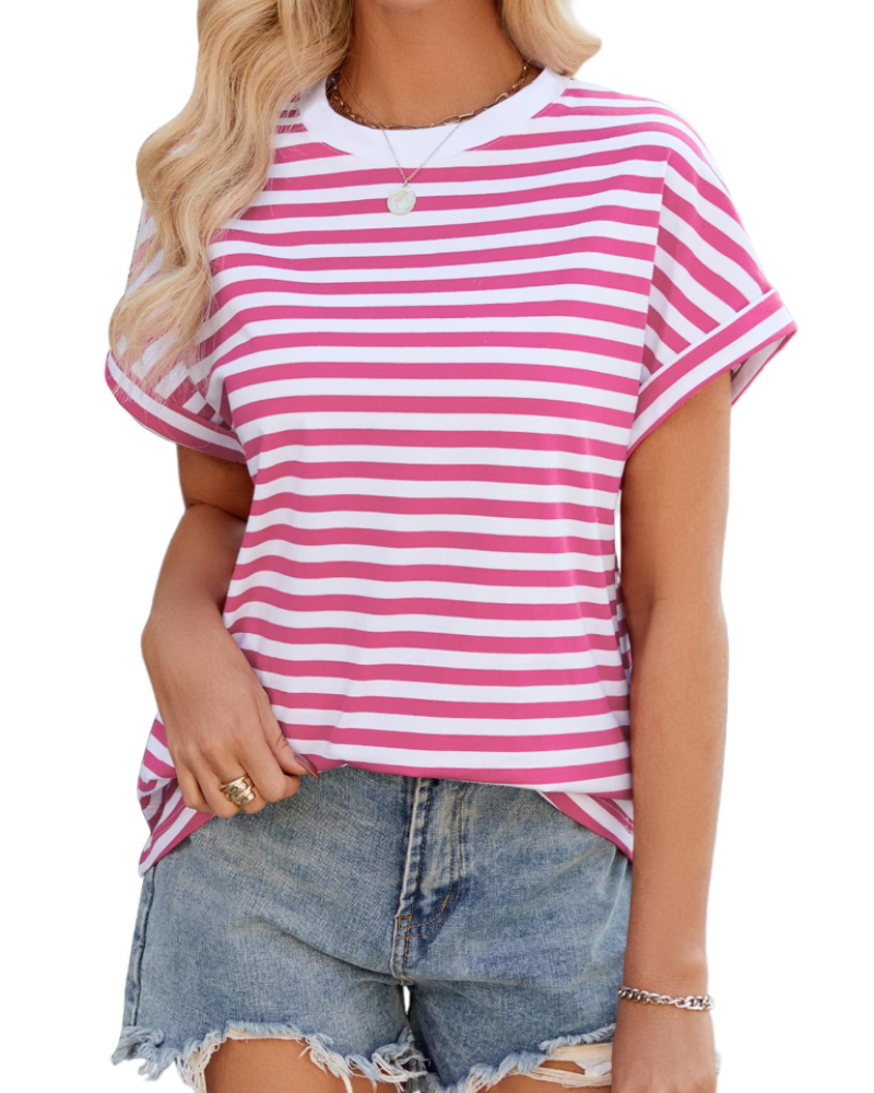 Madison Women's Summer T-Shirt – Oversized Striped Cotton Round Neck