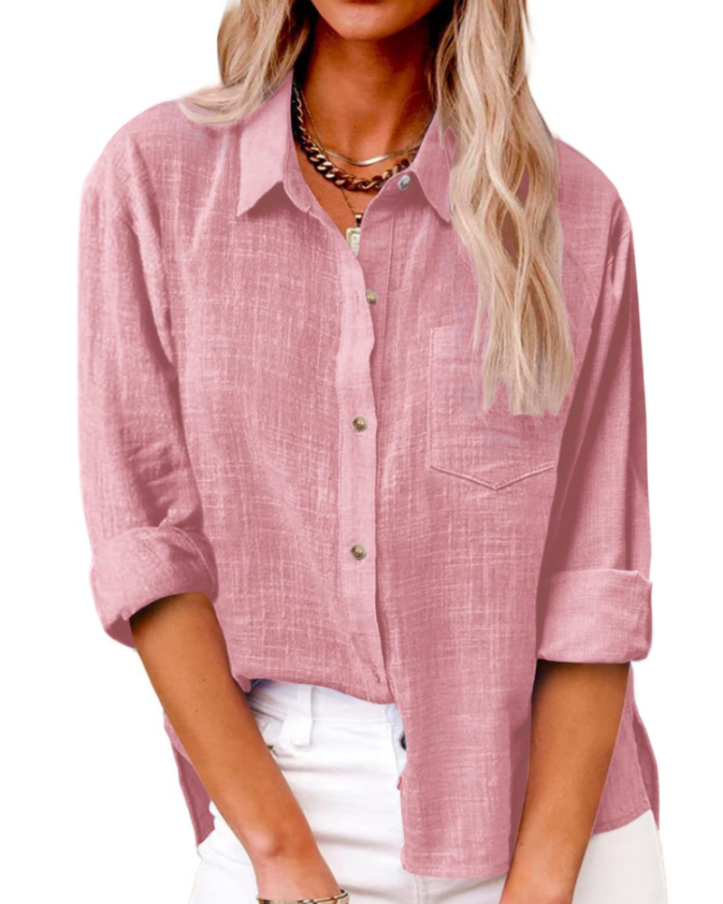 Olivia Women's Blouse – Cotton Linen V-Neck Buttoned Long Sleeve