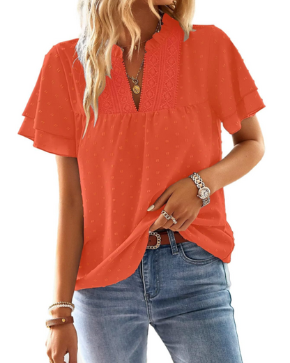 Jiana Blouse Women's Summer – V-Neck Lace Crochet & Ruffled Sleeves
