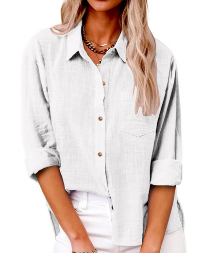 Olivia Women's Blouse – Cotton Linen V-Neck Buttoned Long Sleeve